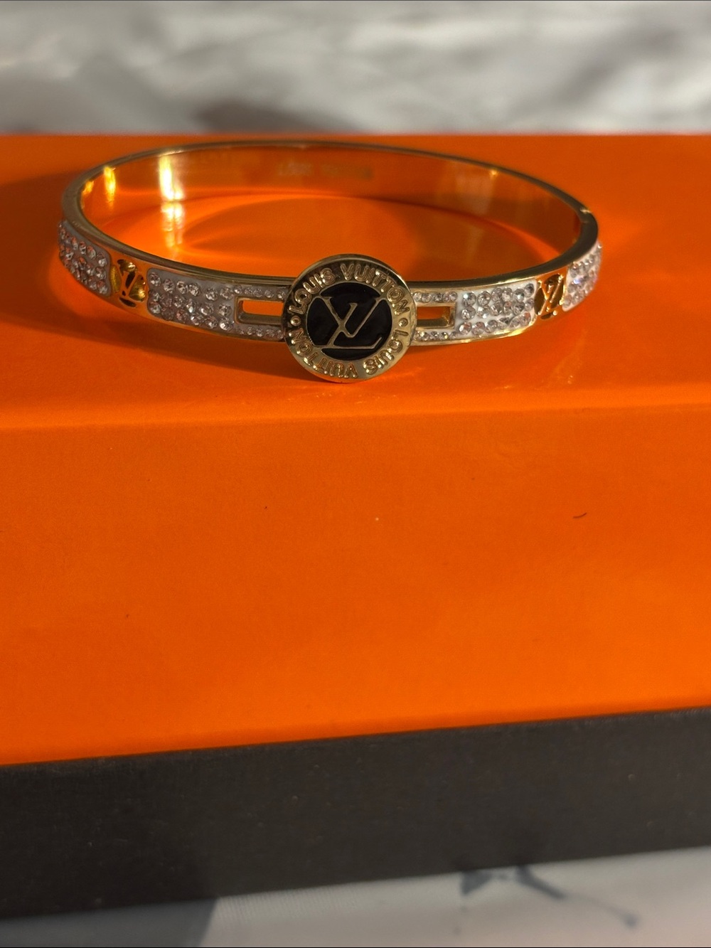 New Gold Crystal-Embellished Logo Bangle Bracelet
